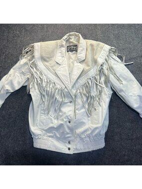 Vintage Gino Di Giorgio Western Style Fringe White Leather Jacket Size Medium